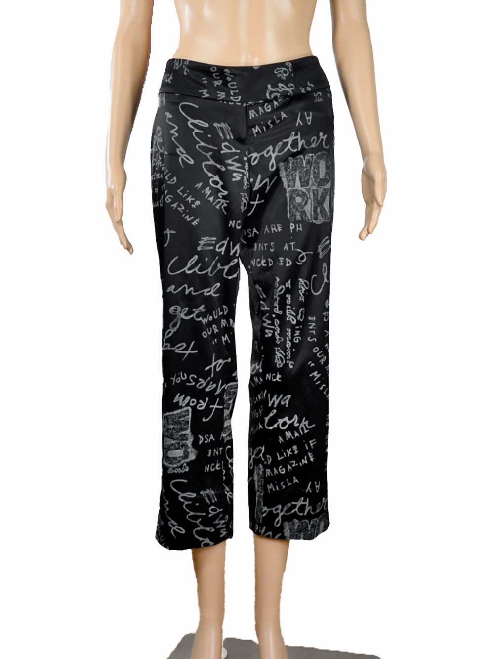 Vintage 90s Y2K Bebe Satin Graffiti Print Crop Trouser Black Grunge Text Pants